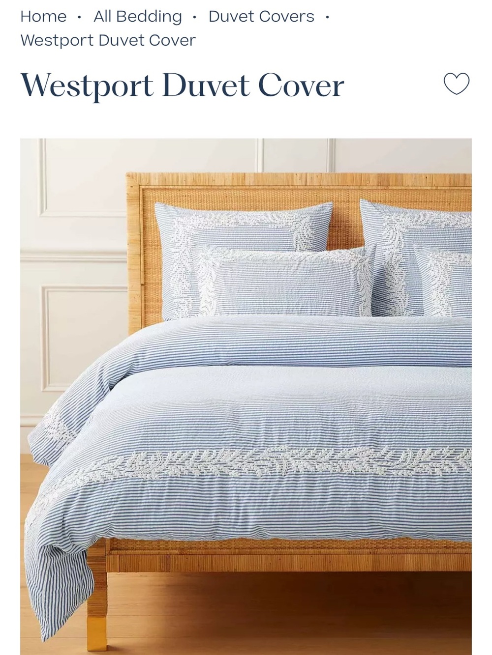 Serena & Lily Blue and White Striped Embroidered Cotton Duvet Set